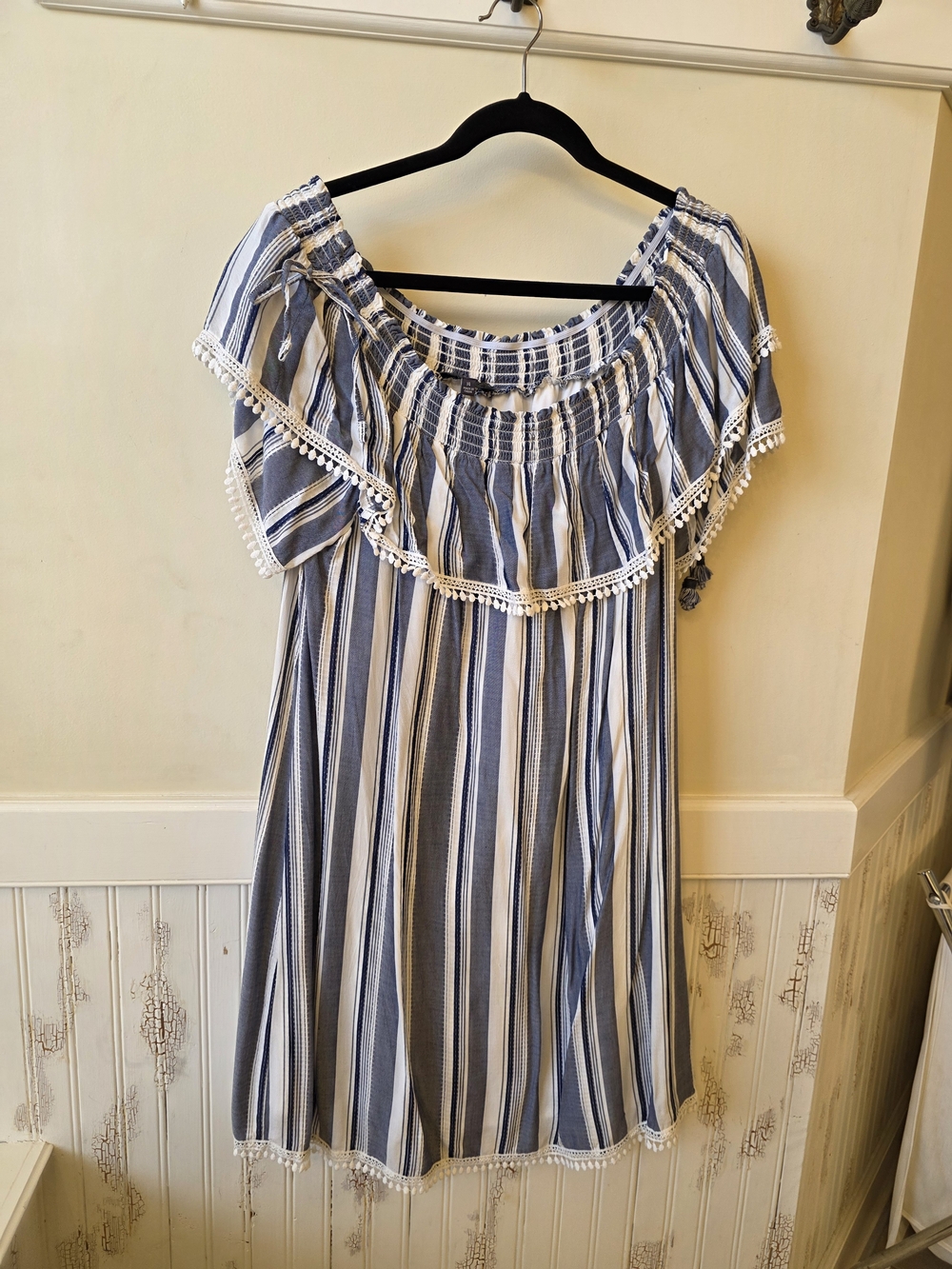 Luxology Blue and White Striped Off-Shoulder Dress